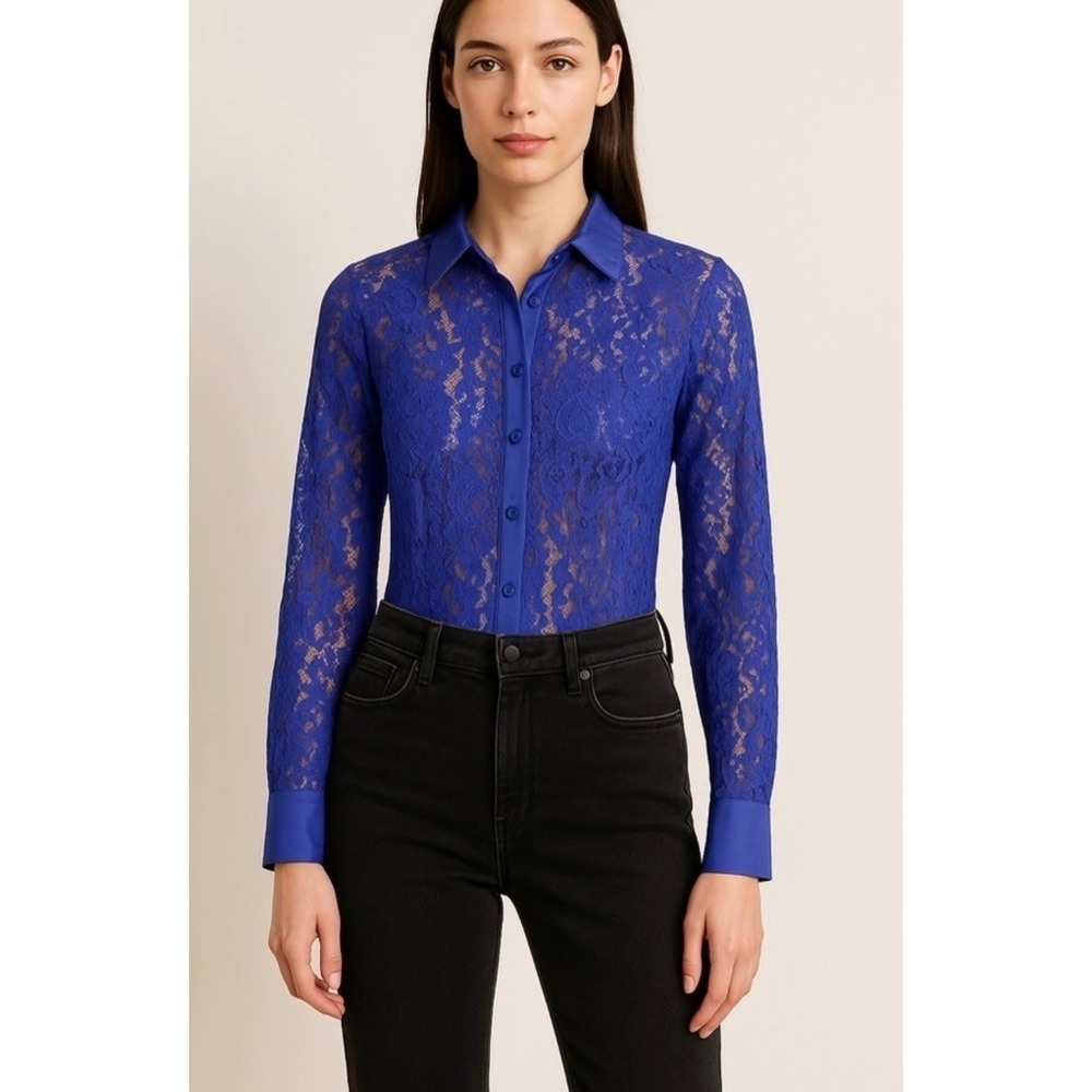 Anthropologie Royal Blue Floral Lace Button Down Bodysuit XS New